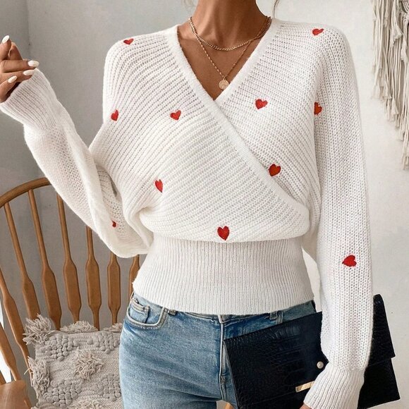 White Casual Women's Heart Embroidery Batwing Sleeve Wrap Sweater - Picture 1 of 5